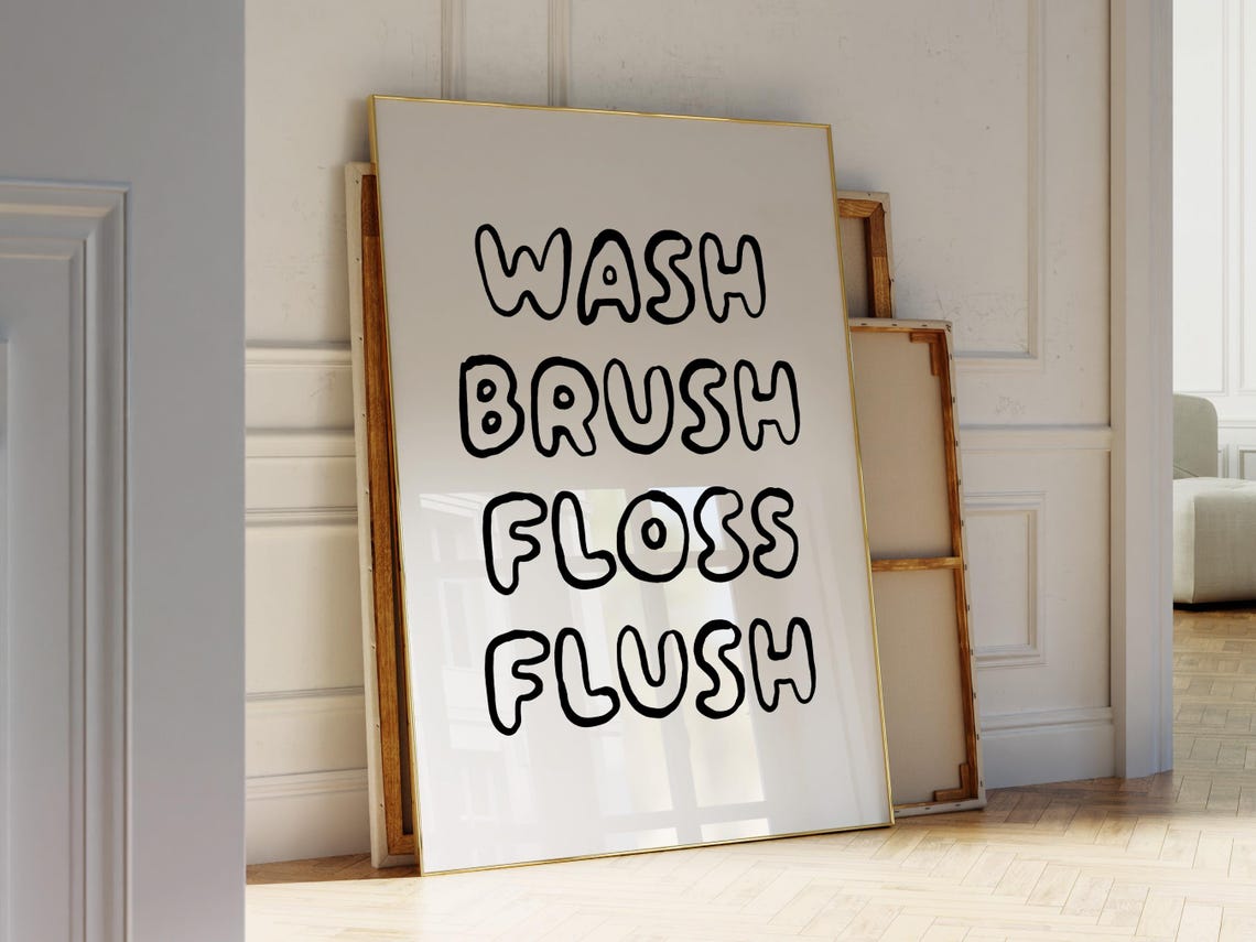 Wash Brush Floss Flush Bubble Letters Kids Bathroom Routine Poster