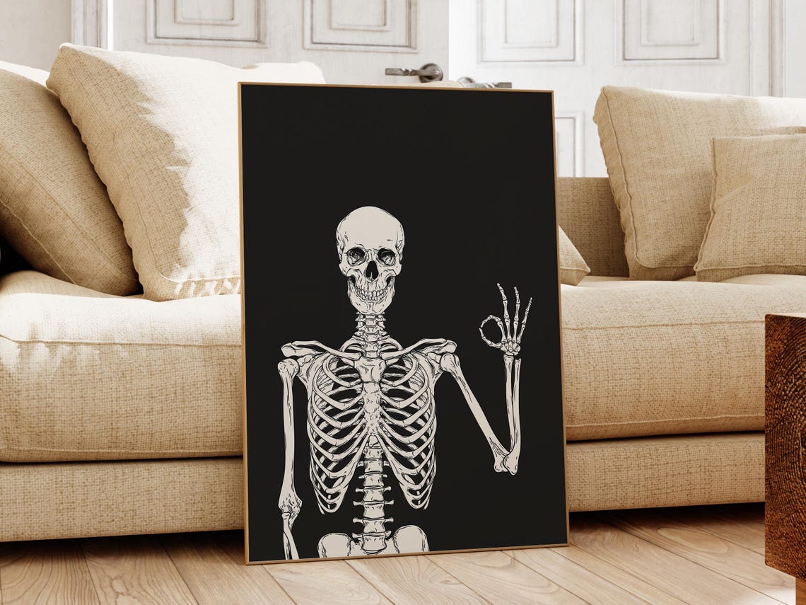 Skeleton OK Hand Gesture Halloween Decor Black White Spooky Art Poster