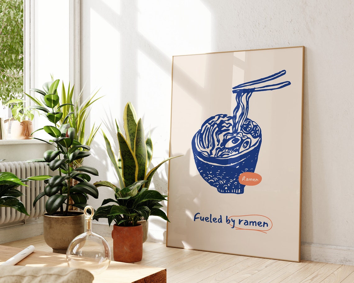 Fueled By Ramen Japanese Noodle Bowl Blue Kitchen Funny Art Poster