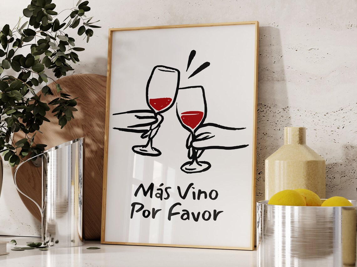 Mas Vino Por Favor Wine Glasses Cheers Retro Spanish Bar Cart Poster