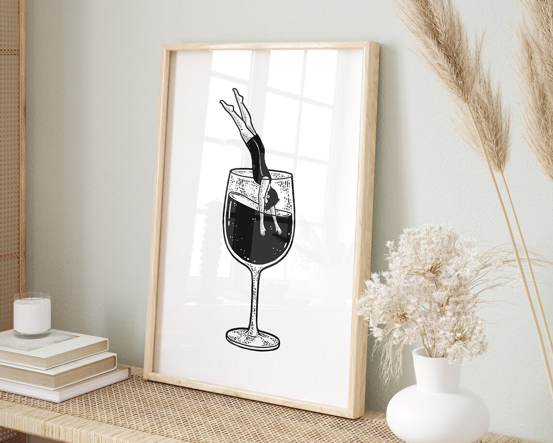 Woman Diving Into Wine Glass Funny Bar Cart Minimal Black Art Poster - Image 2
