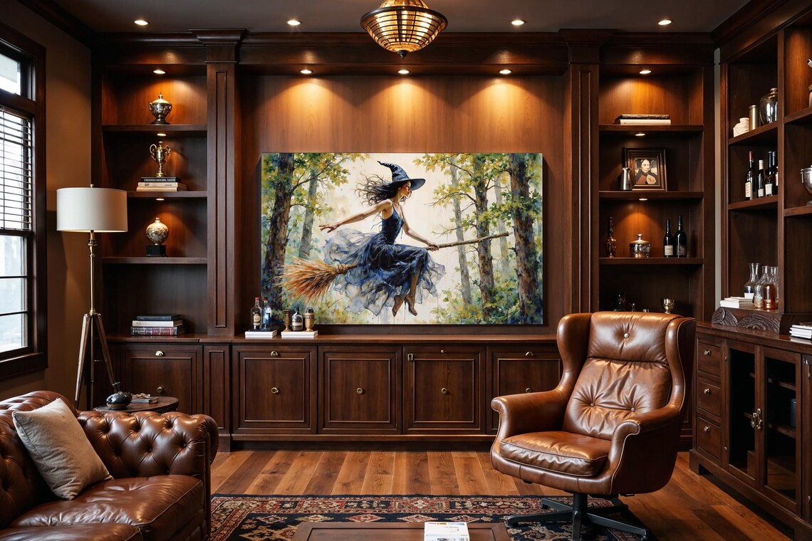 Witch Flying on Broomstick Through Green Summer Forest Poster - Image 4