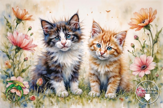 Two Playful Kittens Among Tall Cosmos Flowers Watercolor Poster