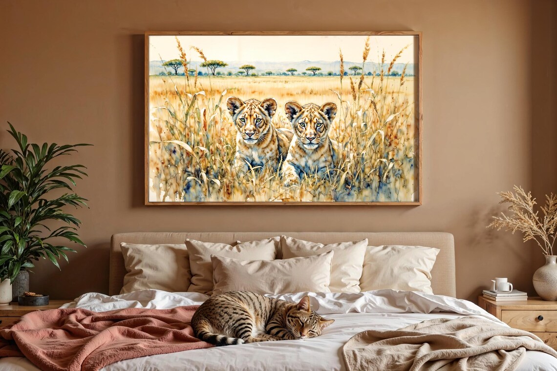 Two Lion Cubs in Golden Savanna Grass Soft Watercolor Poster - Image 3