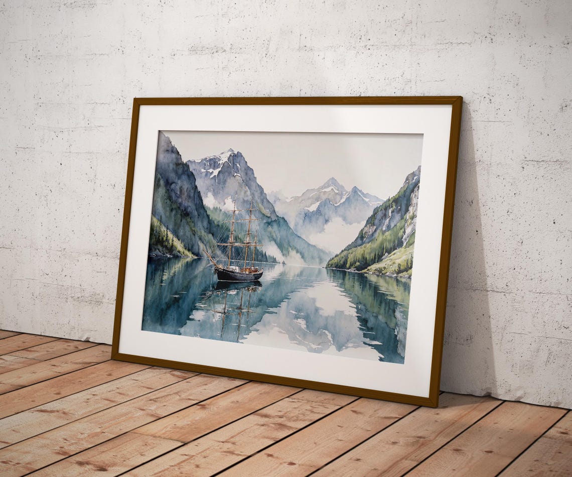 Watercolour Fiord Scene With Three Mast Ship Stunning Landscape Painting Ideal For Nautical Gift Lovers - Image 3
