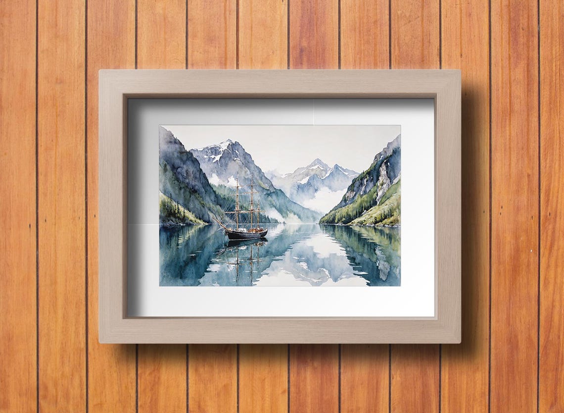 Watercolour Fiord Scene With Three Mast Ship Stunning Landscape Painting Ideal For Nautical Gift Lovers - Image 2