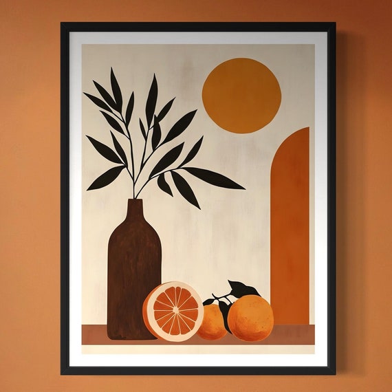 Orange Slice And Olive Branch Art Print Modern Kitchen Wall Decor Geometric Shapes Abstract Still Life Painting Mediterranean Artwork Gift