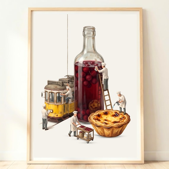 Lisbon Food Art Yellow Tram Pastel De Nata Cherry Drink Wall Art