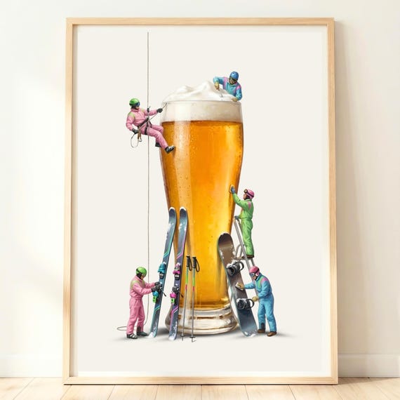 Whimsical Skiers Giant Beer Glass Apres Ski Bar Decor Poster