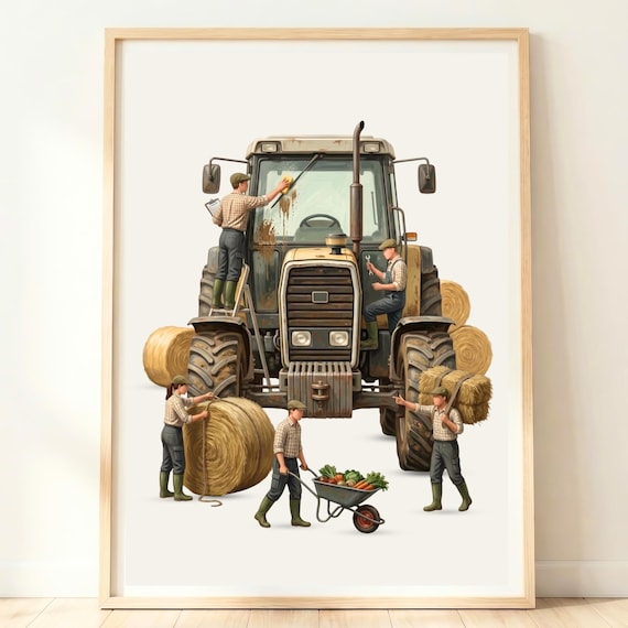 Vintage Farm Tractor Miniature Farmers Harvest Scene Wall Art