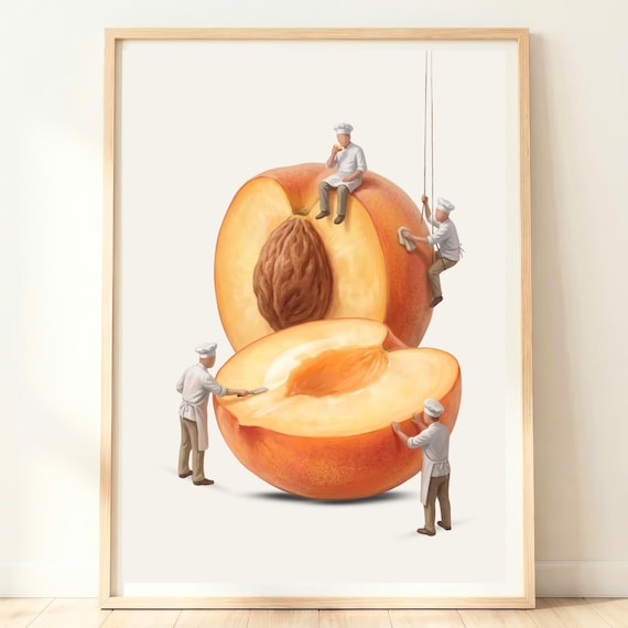 Giant Peach Half Tiny Chefs Surreal Kitchen Fruit Art Poster