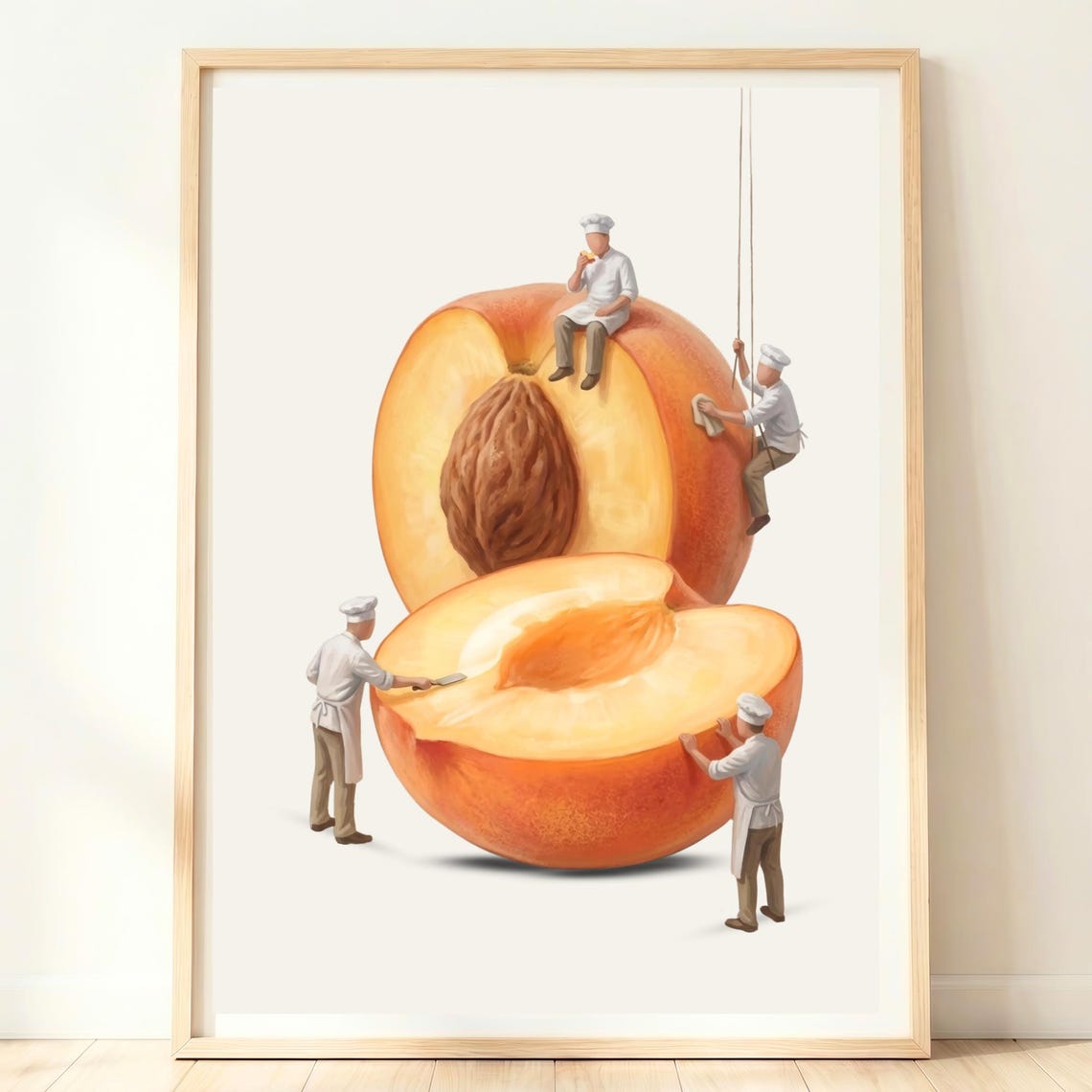Giant Peach Half Tiny Chefs Surreal Kitchen Fruit Art Poster