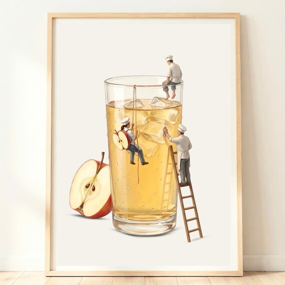 Fresh Apple Juice Giant Glass Tiny Chefs Breakfast Kitchen Poster