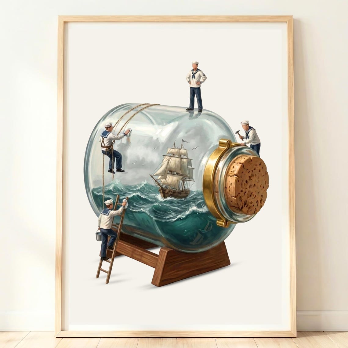 Tiny Sailors Building Tall Ship in a Bottle Nautical Fun Poster
