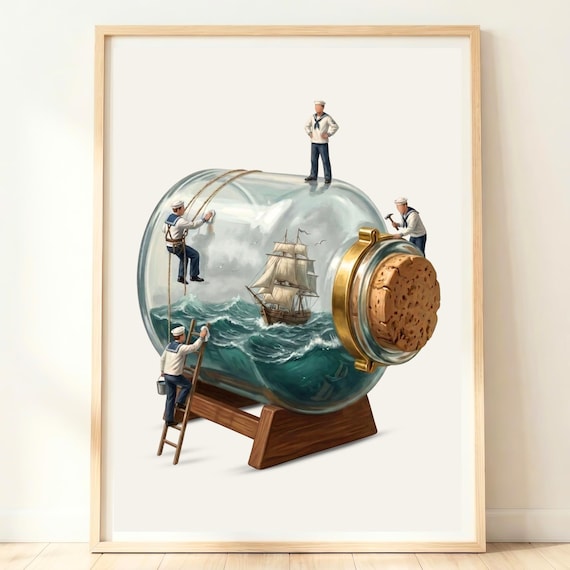 Nautical Wall Art Ship In A Bottle Print Coastal Office Decor Sailing Gift Maritime Artwork Navy Poster