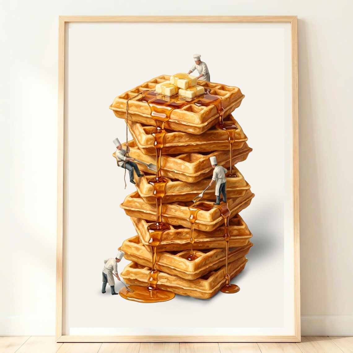 Giant Waffle Stack Maple Syrup Tiny Chefs Whimsical Breakfast Art Poster