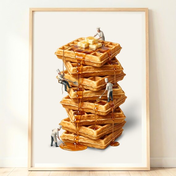 Giant Waffle Stack Maple Syrup Tiny Chefs Whimsical Breakfast Art Poster