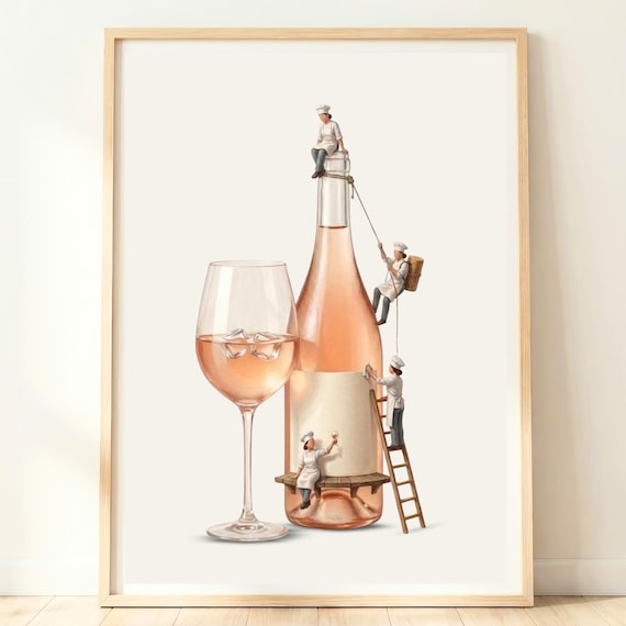 Tiny Chefs Around Giant Rose Wine Bottle And Glass Whimsical Poster