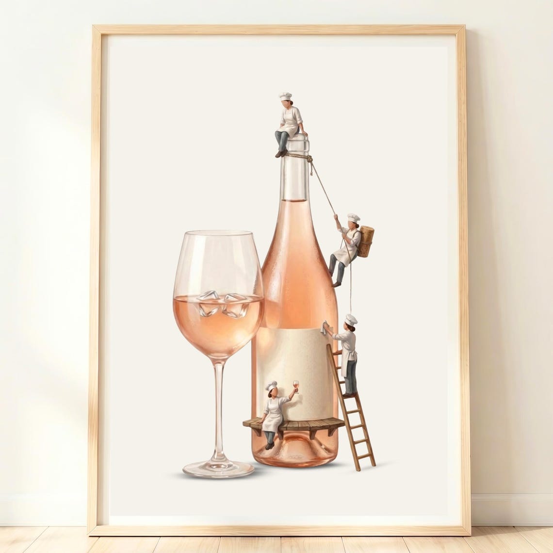 Tiny Chefs Around Giant Rose Wine Bottle And Glass Whimsical Poster