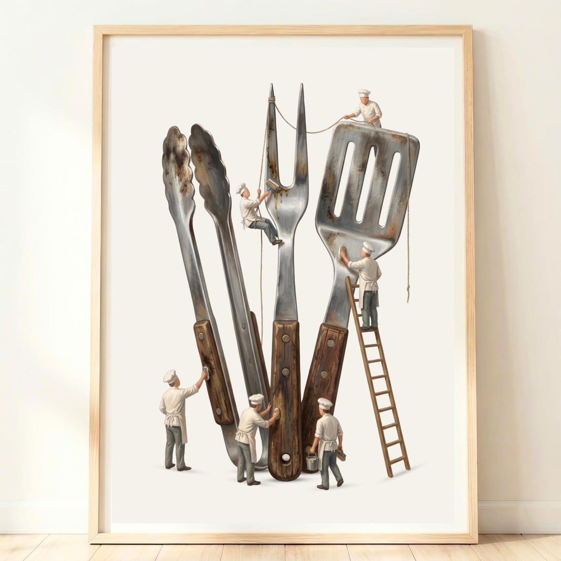 Miniature Chefs Cleaning Giant BBQ Tools Tongs Spatula Kitchen Poster
