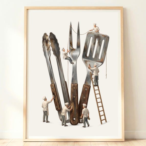 Barbecue Gift Wall Art Grill Master Bbq Utensil Print Miniature Chef Cooking Decor