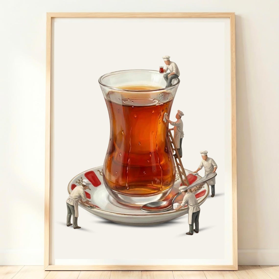 Tiny Chefs Cleaning a Giant Turkish Tea Glass on a Saucer Poster