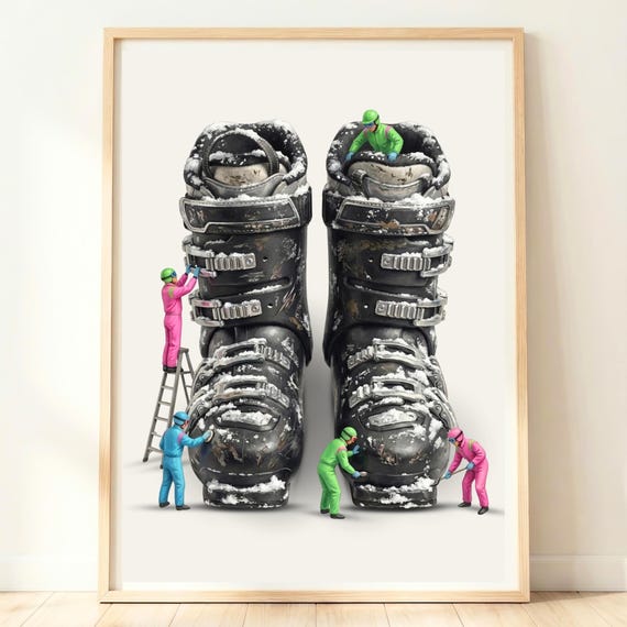 Whimsical Giant Snowy Ski Boots Tiny Skiers Winter Lodge Poster