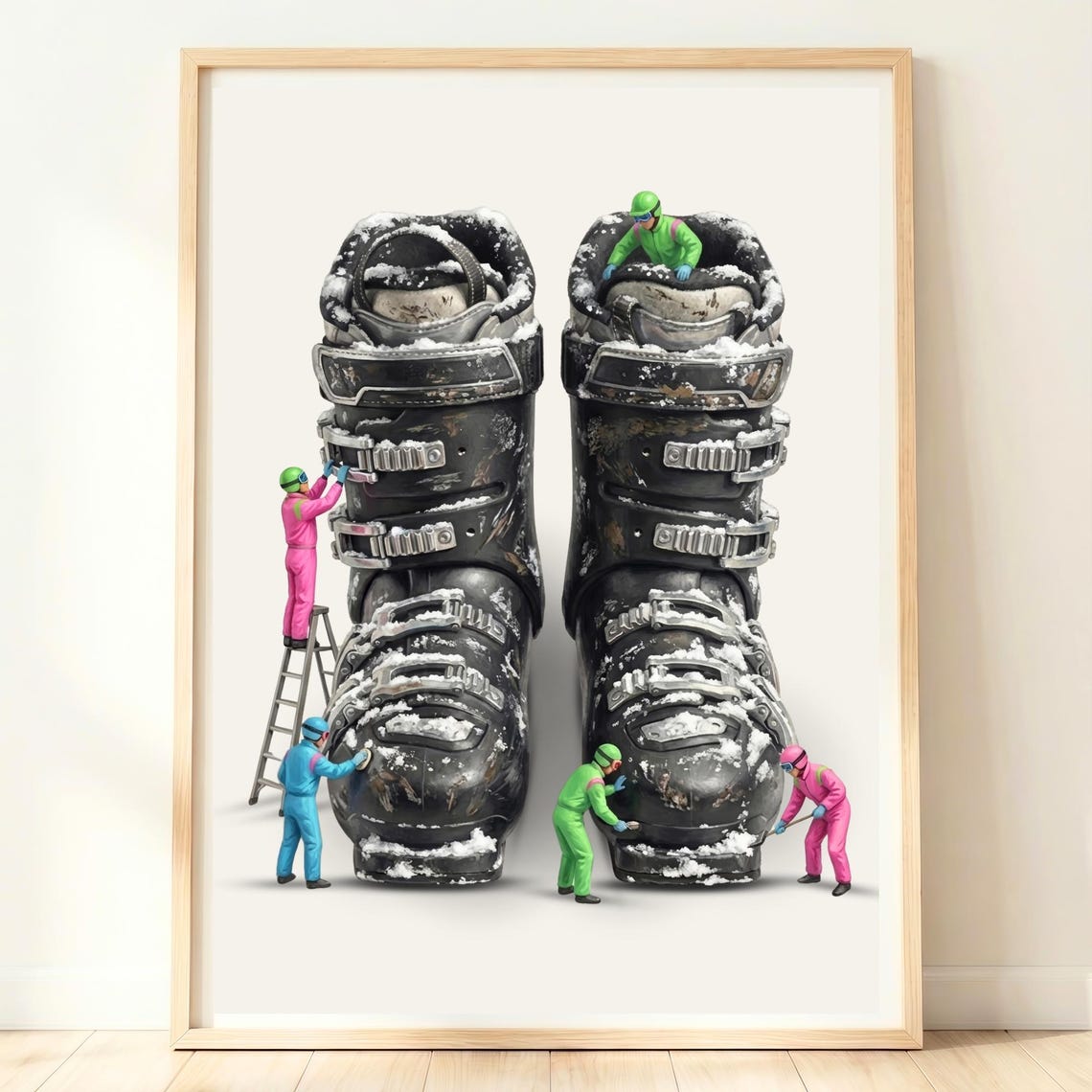 Whimsical Giant Snowy Ski Boots Tiny Skiers Winter Lodge Poster
