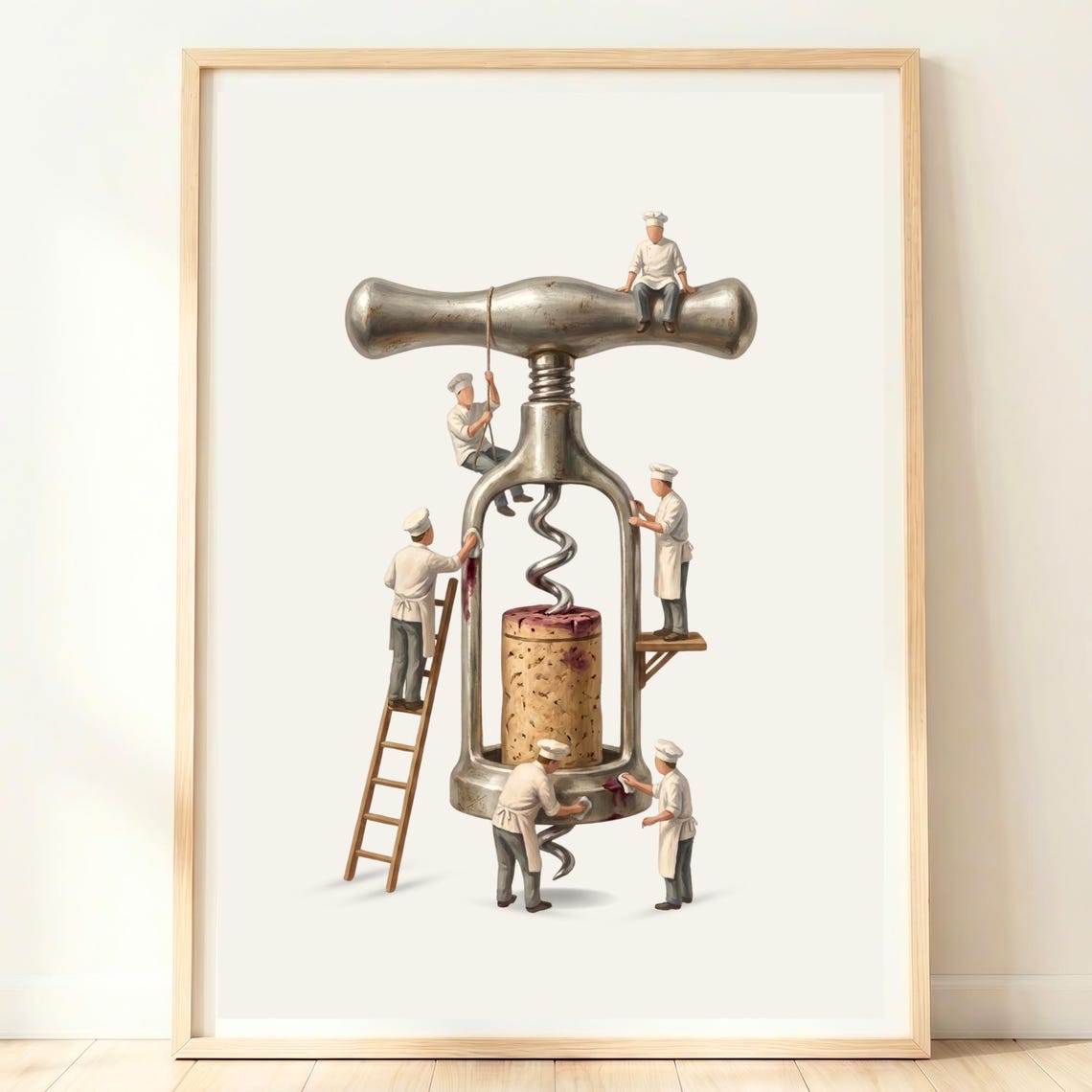 Tiny Chefs Giant Corkscrew Wine Cork Whimsical Kitchen Bar Poster