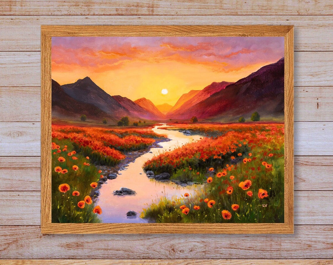 Golden Sunset River Winding Through a Meadow of Red Poppies Poster - Image 6