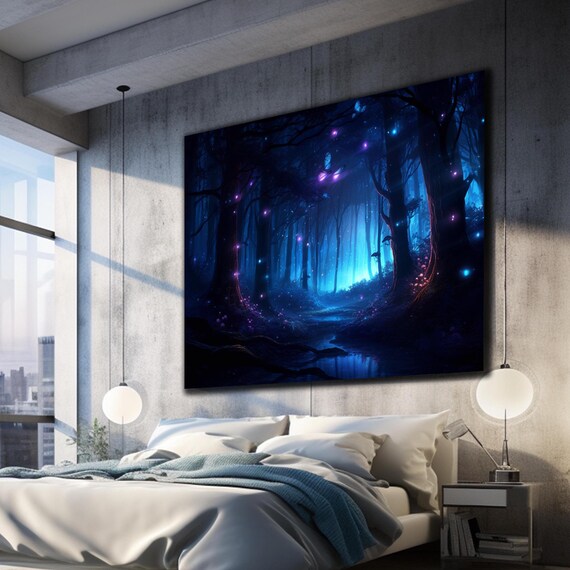 Fireflies Illuminate Forest Tempered Glass Wall Art Fantasy Neon Wall Decor Optical Illusion Artwork Psychedelic Glowing Forest Glass Art