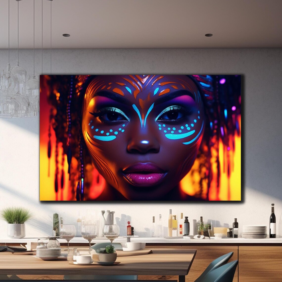 African Woman Neon Face Paint Fiery Orange Glow Portrait Wall Art