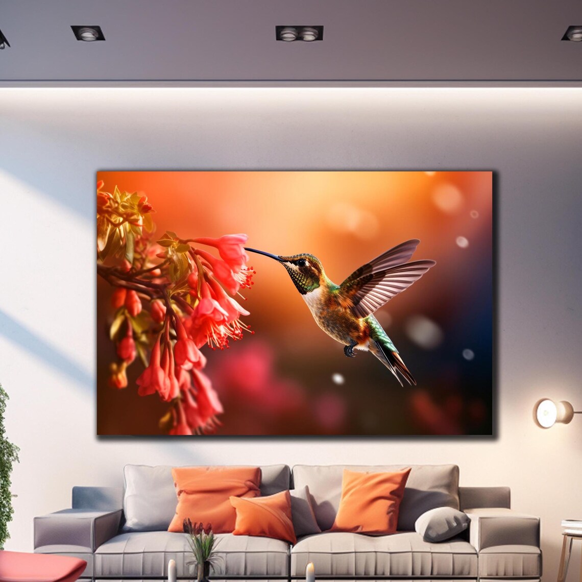 Bronze Hummingbird Red Trumpet Blooms Golden Bokeh Nature Poster