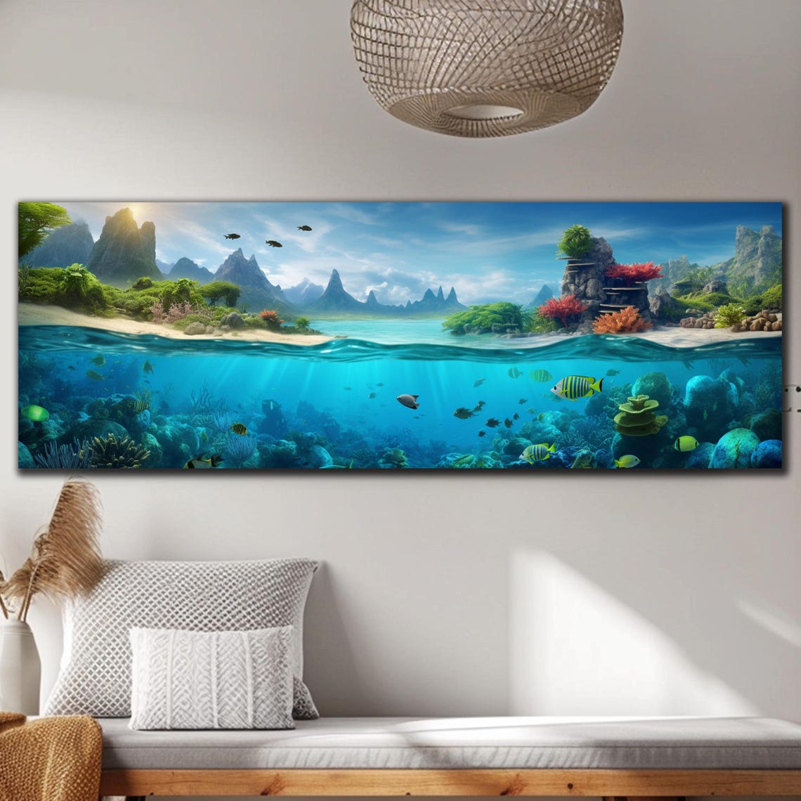 Tropical Island Split View Beach Jungle Coral Reef Panoramic Poster