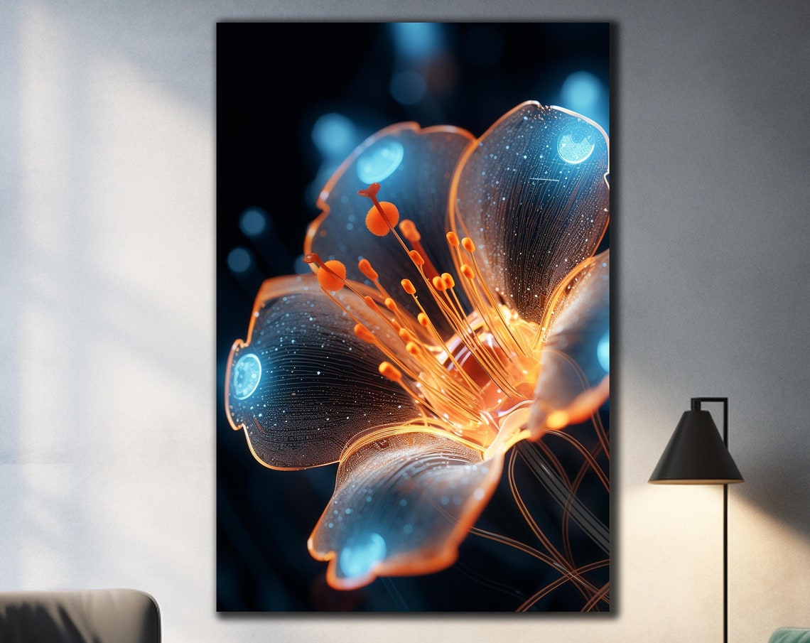 Glowing Crystal Flower Orange Stamens Dark Blue Floral Wall Art Print