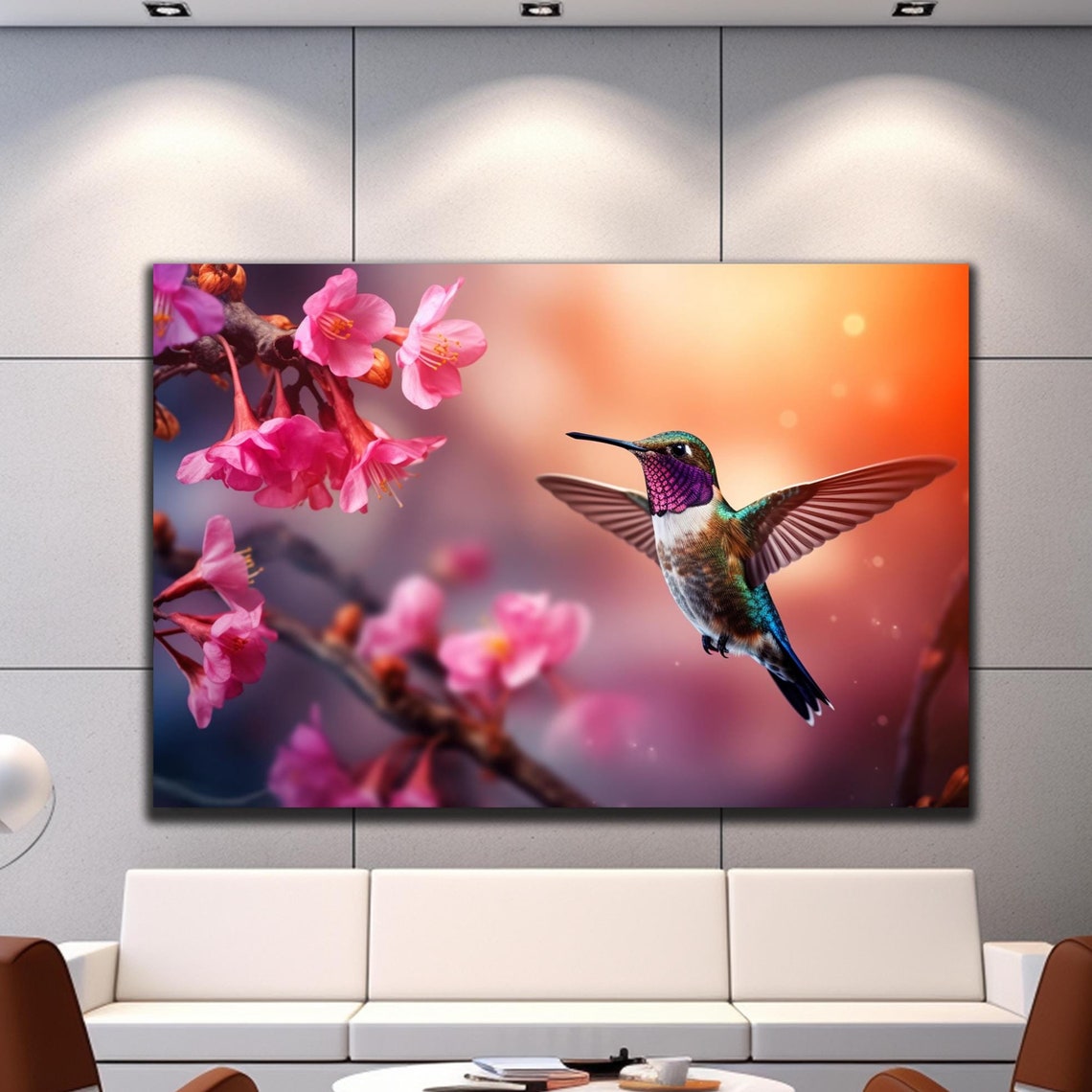 Purple Throated Hummingbird Pink Blossom Flight Springtime Poster
