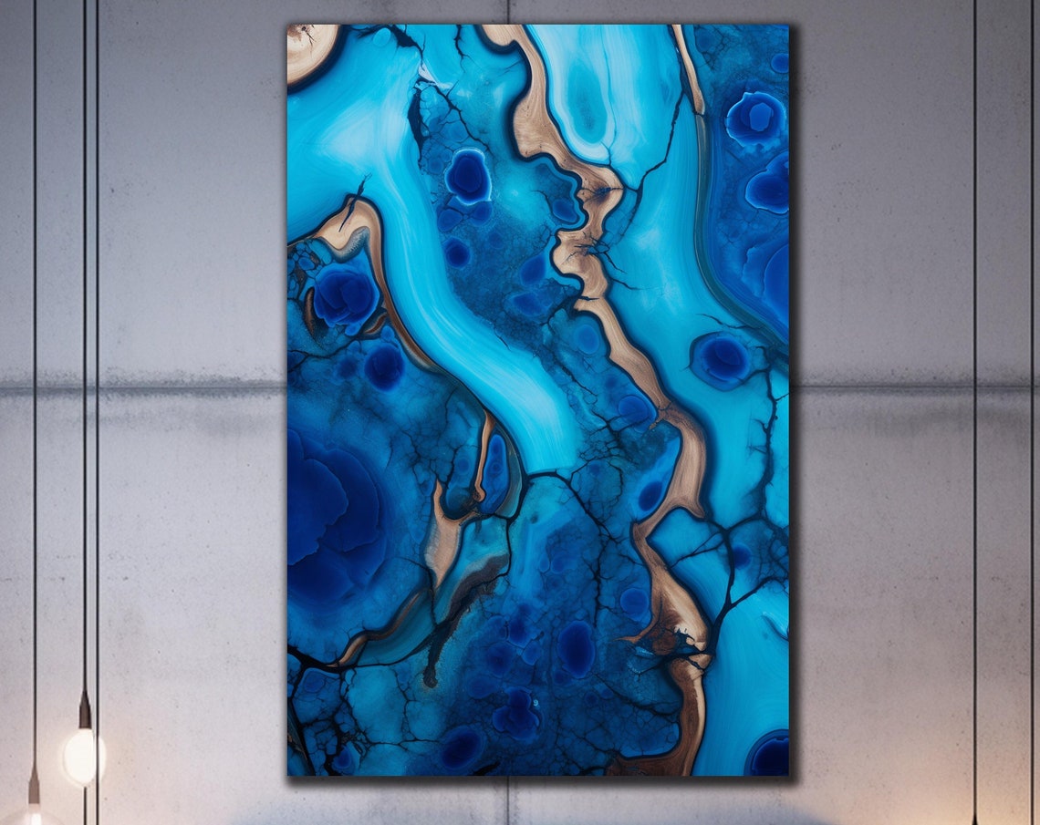 Blue Epoxy Resin Art Gold Vein Abstract Luxury Agate Style Wall Poster