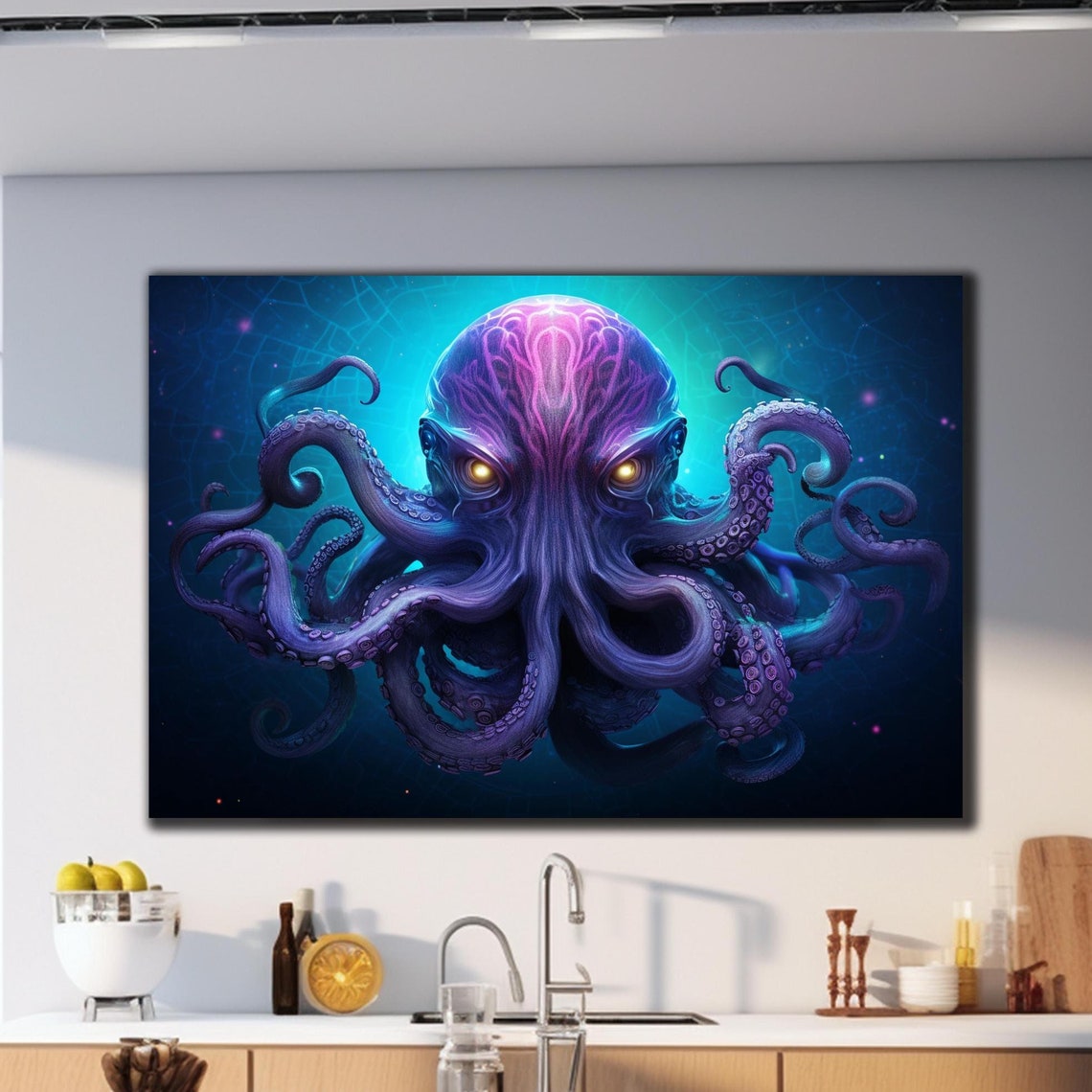 Neon Purple Octopus Front View Glowing Eyes Deep Sea Ocean Print
