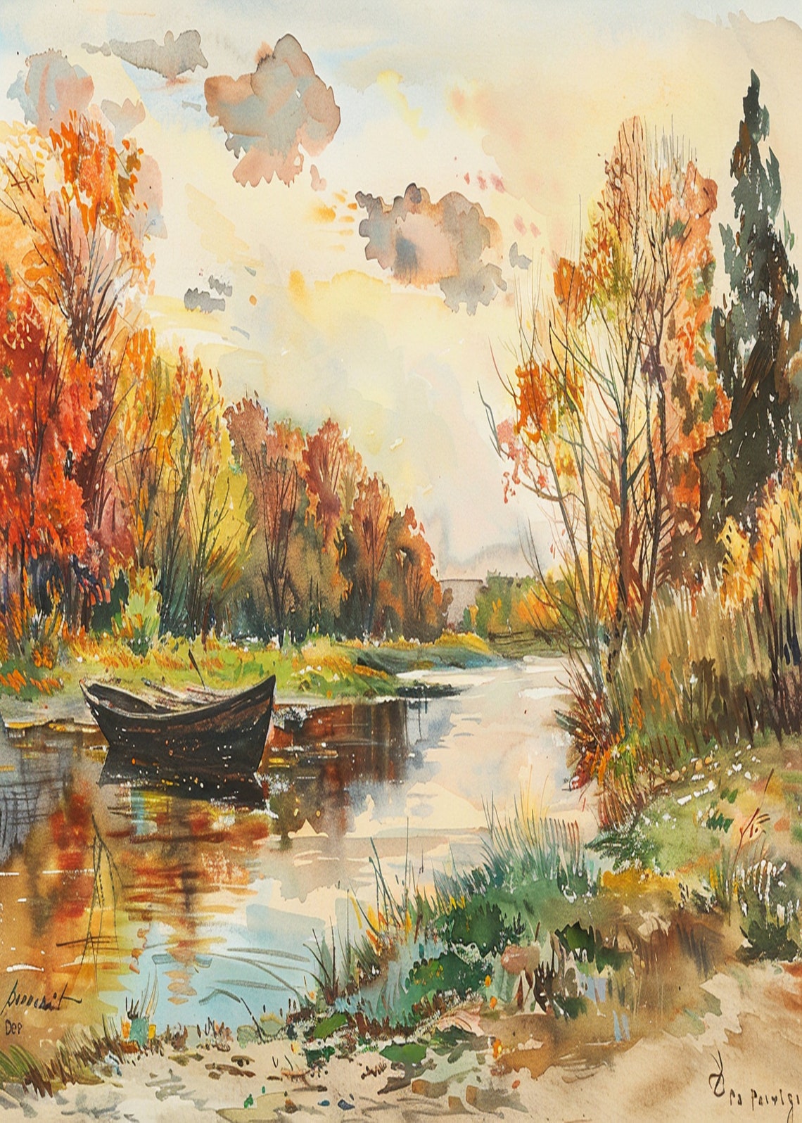 Vibrant Autumn River with Rowboat Watercolor Painting Poster - Image 3