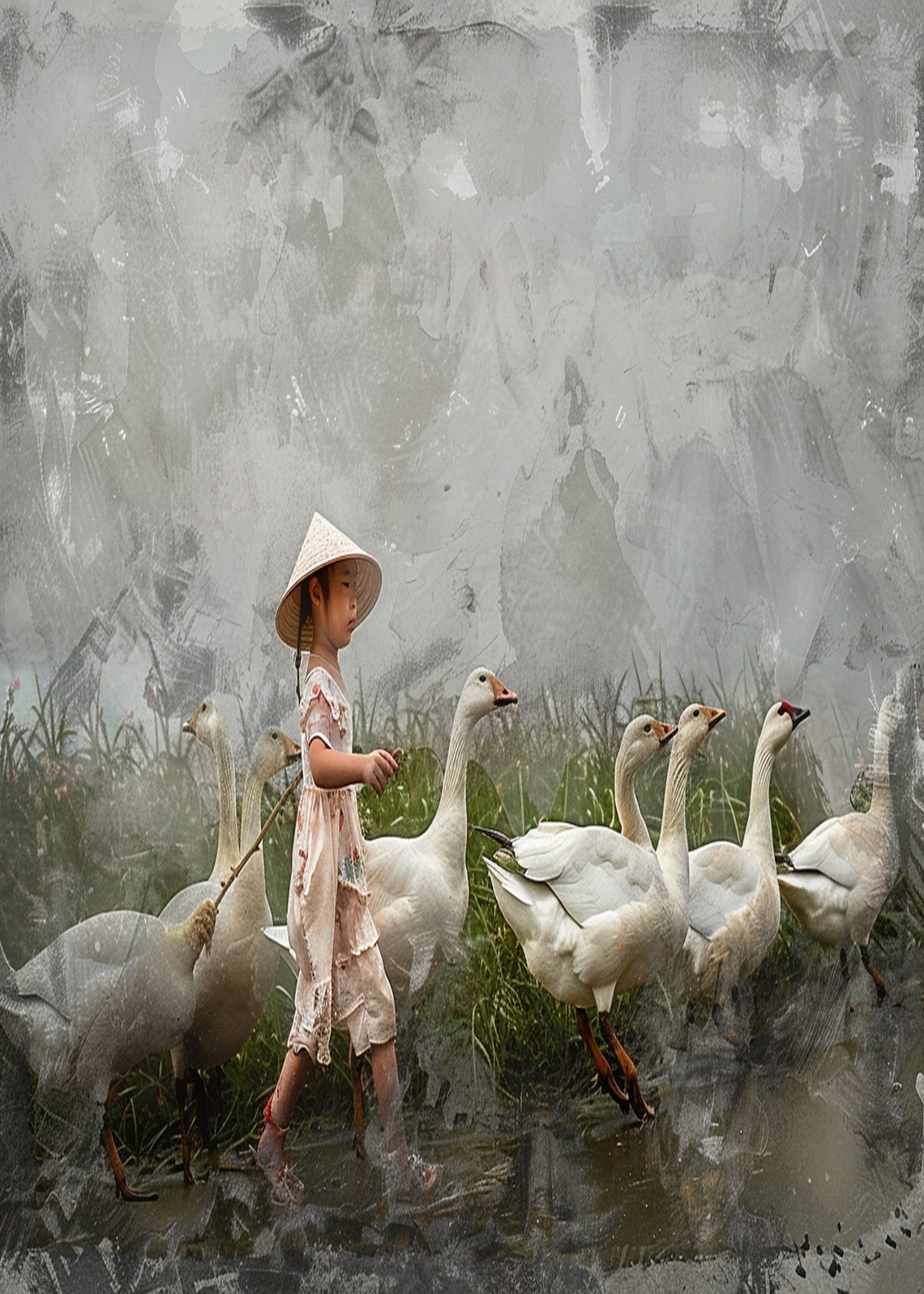 Young Girl in Straw Hat Leading White Geese Watercolor Poster - Image 3