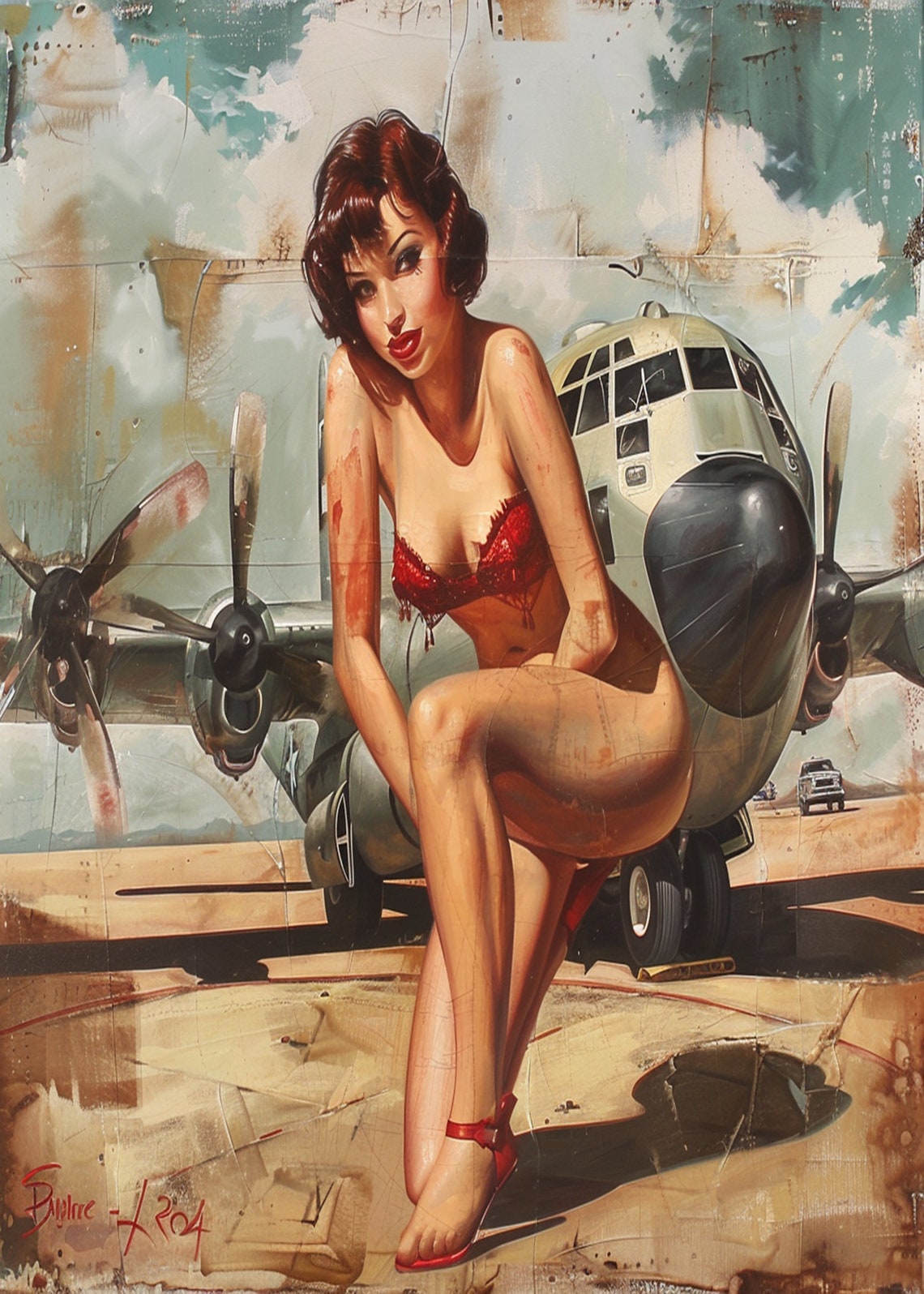 1950s Pinup Girl Vintage Painting Pin Up Girl Art Print Military Pinup Poster Art L Oil Panting L 5 Sizes Available L 008 - Image 3