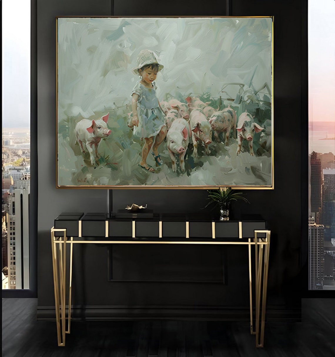 Little Girl with Piglets in a Cool Green Pasture Painting Poster - Image 2