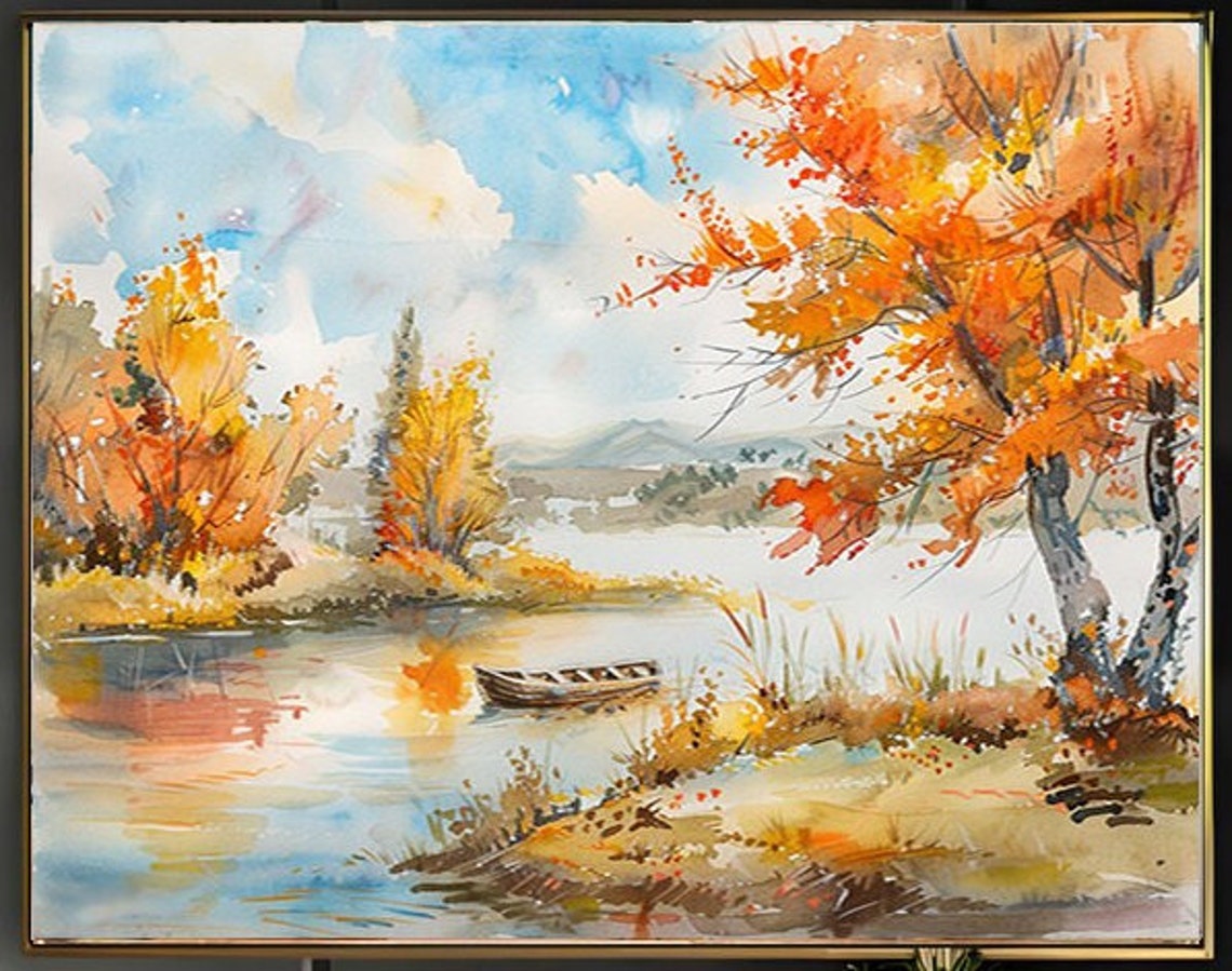 Bright Autumn Lake Scene with Rowboat Watercolor Painting Poster - Image 2
