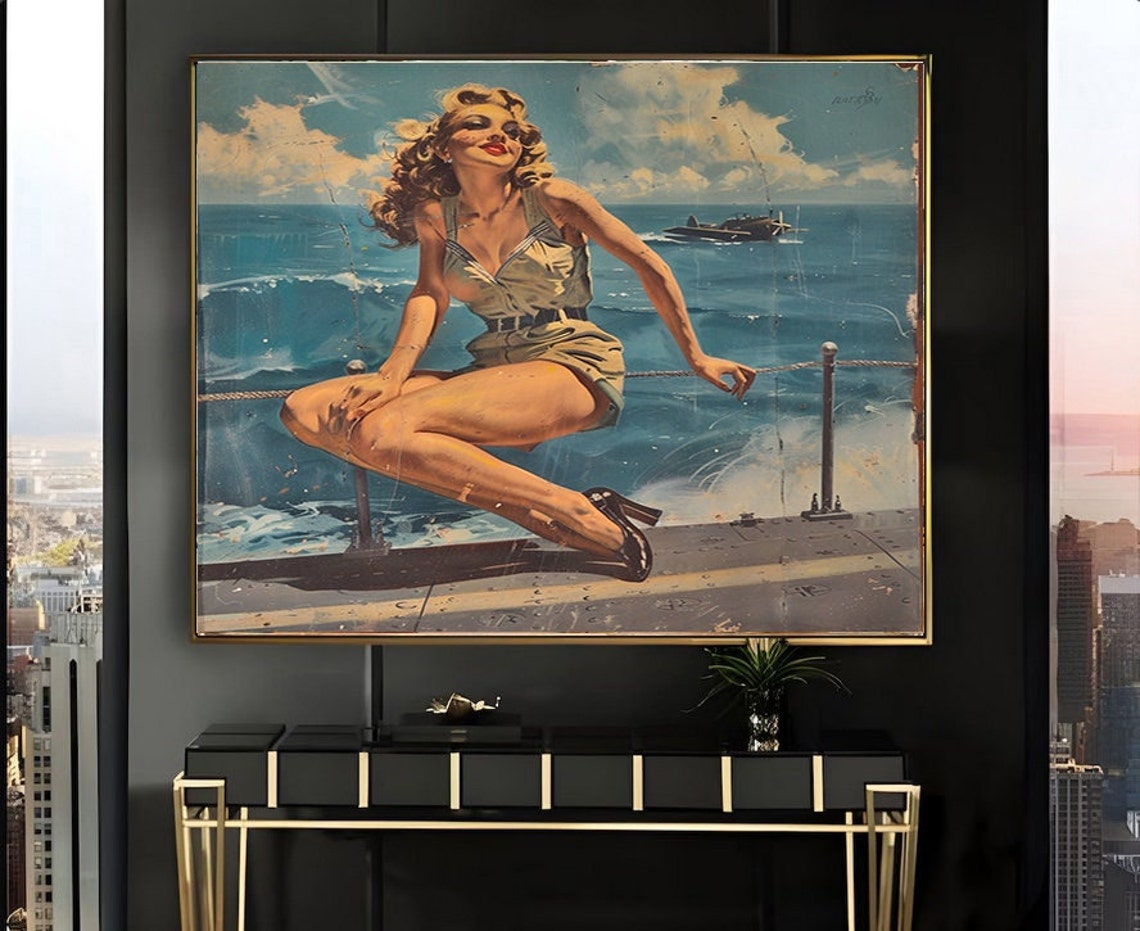 Pinup Girl Sitting on a Ship Deck Vintage Style Ocean Poster