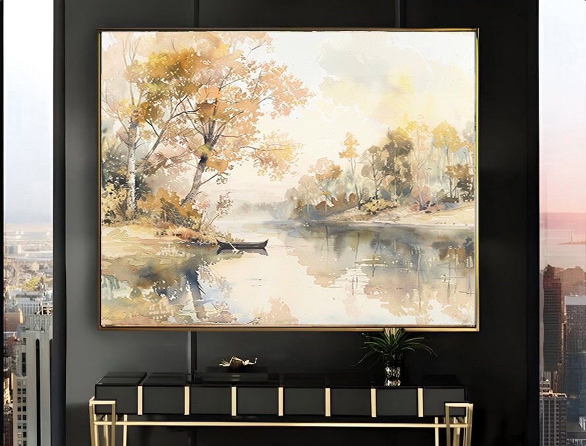 Golden Autumn Lake Scene with Canoe Watercolor Landscape Poster