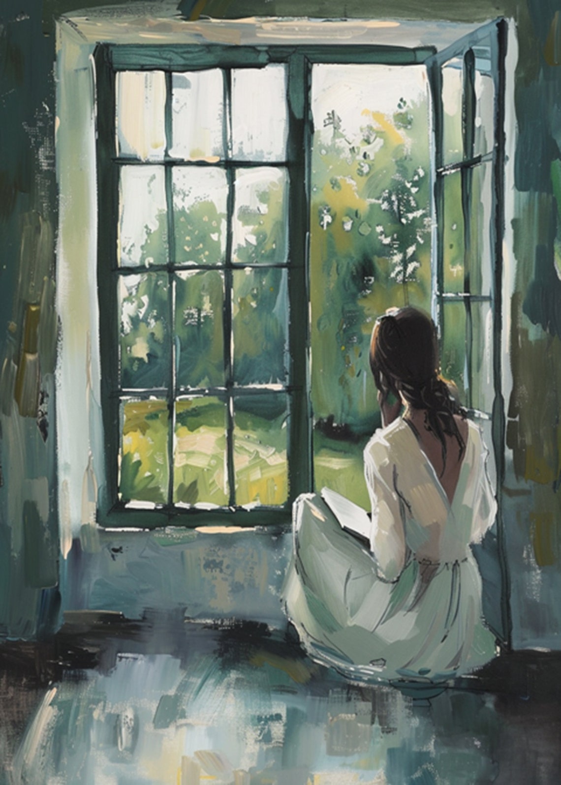Woman Reading by an Open Window in Soft Natural Light Poster - Image 2