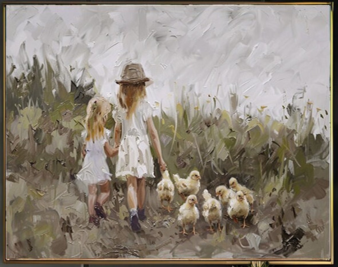 Two Girls Seen from Behind with Baby Ducklings in Field Poster - Image 2