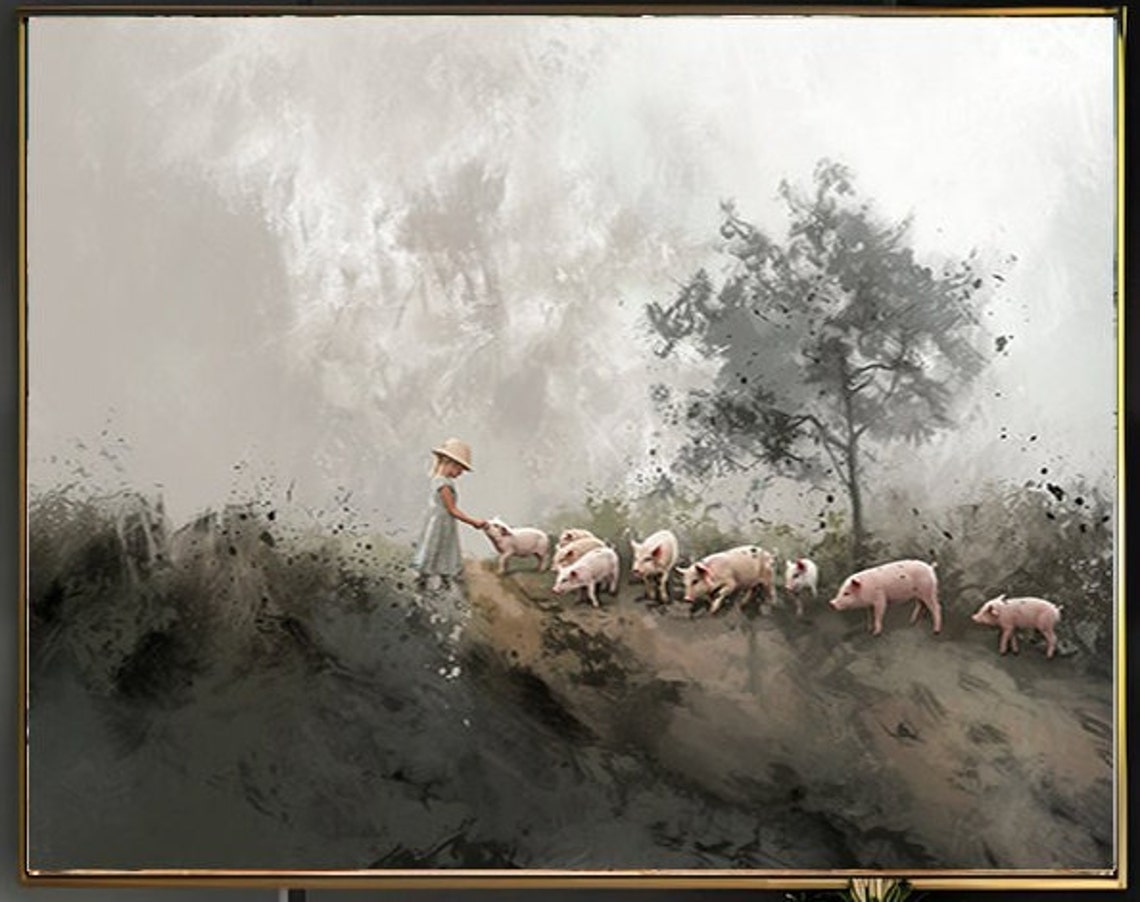 Girl Herding Pigs on a Misty Gray Hill Rustic Farm Painting Poster - Image 2