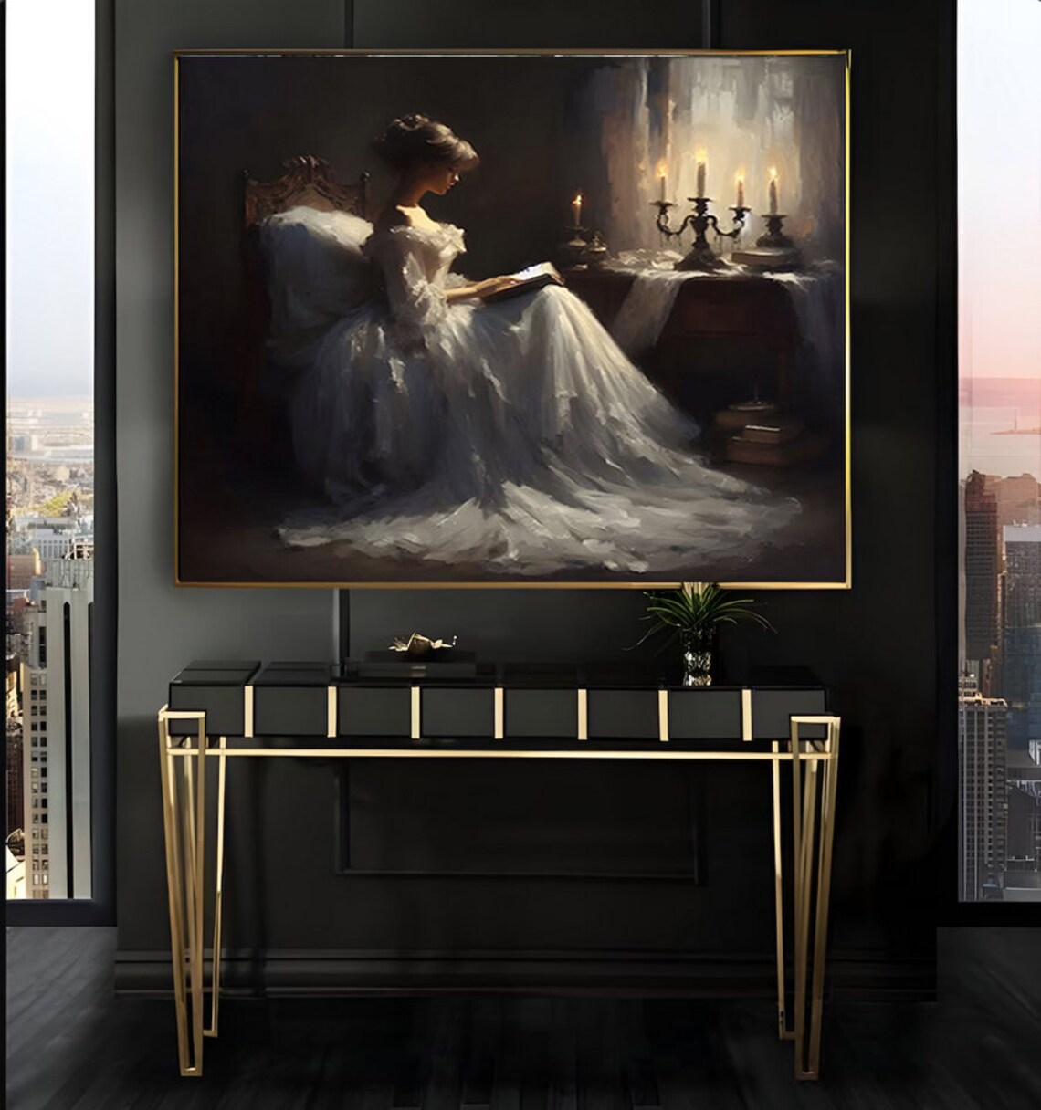 Victorian Woman Reading by Candlelight Vintage Oil Painting Poster - Image 2