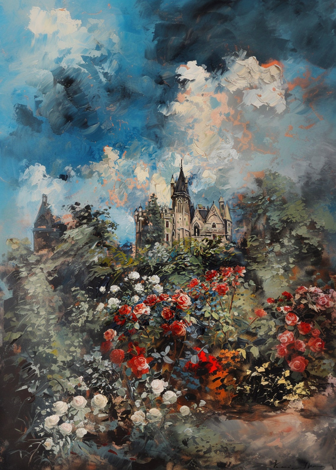 Hilltop Castle Among Red White Roses Dramatic Blue Sky Poster - Image 3